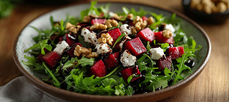 Frischer Salat aus Rucola, roten Rote-Bete-Würfeln, Ziegenkäse und Walnüssen, garniert mit einem Balsamico-Dressing. Der Salat ist in einer rustikalen Schale angerichtet und wirkt appetitlich und farbenfroh. Im Hintergrund sind leicht unscharf weitere Walnüsse zu sehen