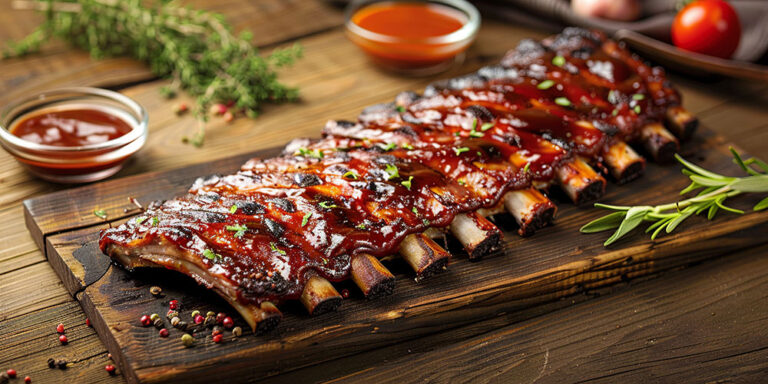 Große, saftige Spare Ribs auf einem rustikalen Holzbrett, überzogen mit einer glänzenden BBQ-Sauce und garniert mit frischen Kräutern. Im Hintergrund sind Schalen mit zusätzlicher BBQ-Sauce sowie Dekorationen wie Pfefferkörner, frische Kräuter und Tomaten zu sehen. Die Ribs wirken knusprig und sind perfekt glasiert für einen herzhaften Genuss.