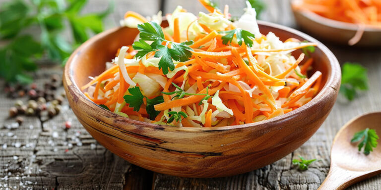 Frischer Cole-Slaw-Salat in einer rustikalen Holzschale, bestehend aus fein geschnittenem Weißkohl und Karotten, dekoriert mit frischen Petersilienblättern. Der Salat steht auf einem Holztisch, im Hintergrund sind unscharf Gewürze und weitere Zutaten zu sehen