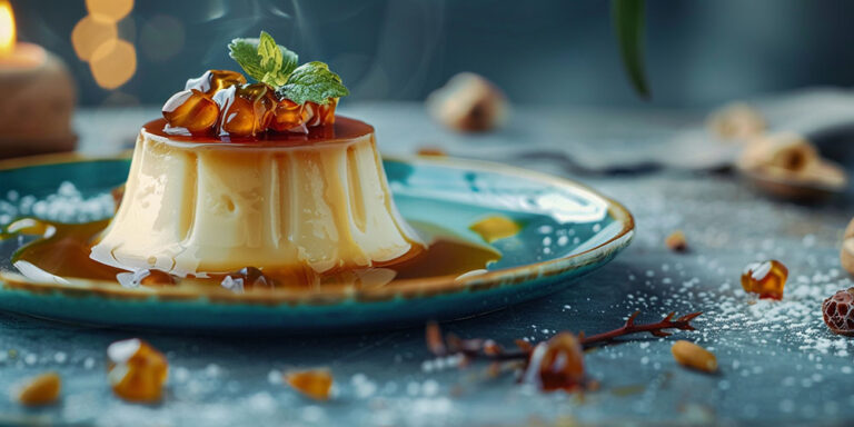 Ein Dessert, vermutlich Panna Cotta oder Crème Caramel, auf einem türkisfarbenen Teller, überzogen mit einer glänzenden Karamellsauce und dekoriert mit kleinen Karamellstückchen und einem Minzblatt. Um das Dessert herum sind Nüsse und Puderzucker verstreut, was die Präsentation besonders ansprechend und festlich wirken lässt. Im Hintergrund sind unscharfe Lichteffekte und Dekorationen zu erkennen.