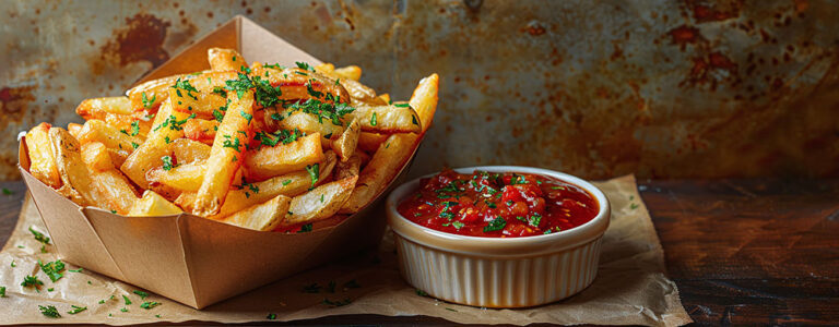 Knusprige Pommes frites, serviert in einem braunen Pappbehälter und bestreut mit gehackter Petersilie. Daneben steht ein kleines Schälchen mit würziger Tomatensalsa als Dip. Das Arrangement befindet sich auf einem rustikalen Holztisch und wirkt appetitlich und einladend.