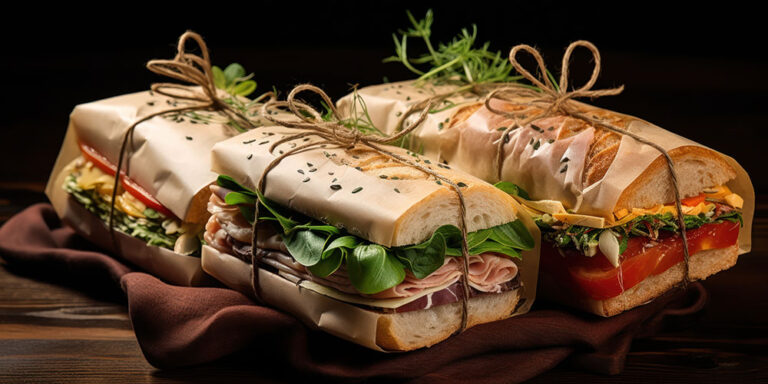 Drei frische, reichhaltig belegte Sandwiches in Baguette-Brot, stilvoll in Packpapier eingewickelt und mit einer Schnur zusammengebunden. Jedes Sandwich enthält verschiedene frische Zutaten wie Schinken, Käse, Blattsalat und Tomaten. Die Sandwiches sind auf einem dunklen Tuch arrangiert und dekorativ mit schwarzen Sesamsamen bestreut. Im Hintergrund sind frische Kräuter zu sehen, die eine rustikale und einladende Atmosphäre schaffen