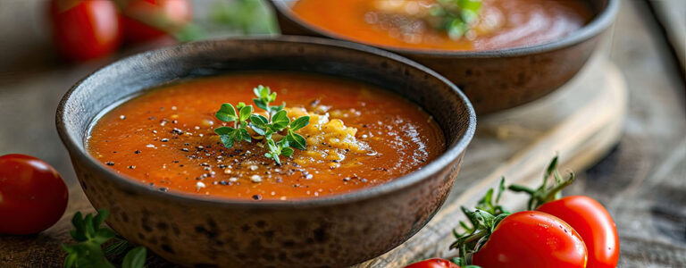 Nahaufnahme einer rustikalen Schale mit Gazpacho-Suppe, garniert mit frischen Kräutern und schwarzem Pfeffer. Die Suppe hat eine leuchtend rote Farbe, und im Hintergrund sind unscharf weitere Tomaten und eine zweite Schale Gazpacho zu sehen. Das Arrangement vermittelt eine mediterrane Atmosphäre.