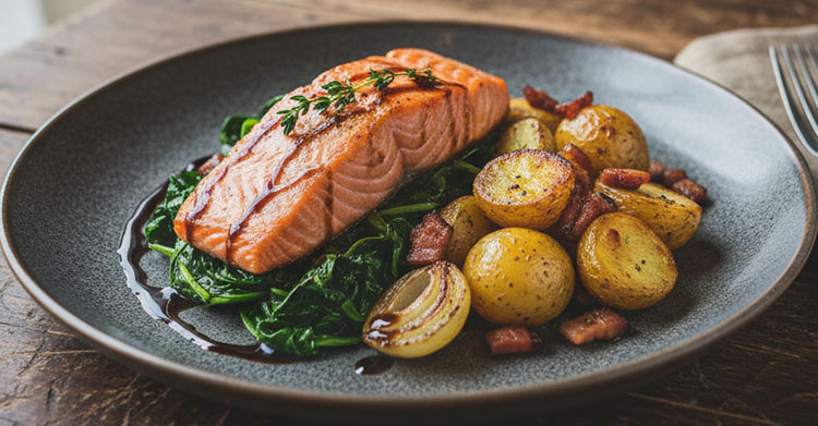 Ein appetitlich angerichtetes Lachsfilet liegt auf einem Bett aus Spinat auf einem modernen, dunkelgrauen Teller. Daneben befinden sich geröstete Kartoffeln mit knusprigem Speck und karamellisierten Zwiebeln.