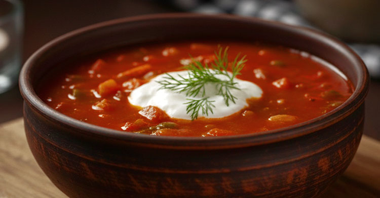 Eine Schale Soljanka in einer dunklen, rustikalen Keramikschale steht auf einem Holzbrett. Die Suppe ist rot und enthält sichtbare Stücke von Wurst, Gemüse und Kräutern. Ein Klecks heller Sauerrahm mit frischem Dill garniert die Suppe.