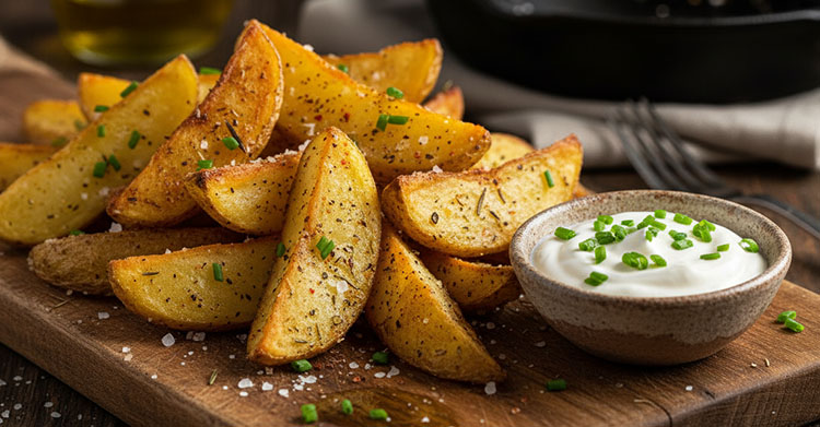 Eine rustikale Holzplatte ist reichlich mit goldbraun gebackenen Kartoffel-Wedges gefüllt, die mit frischem Rosmarin, Meersalz und Pfeffer bestreut sind. Daneben steht eine kleine, rustikale Keramikschale mit glatter, weißer Sour Cream.